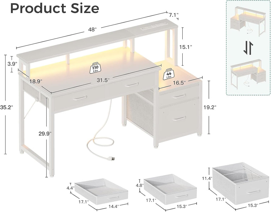 White Reversible Desk with LED Lights & Drawers