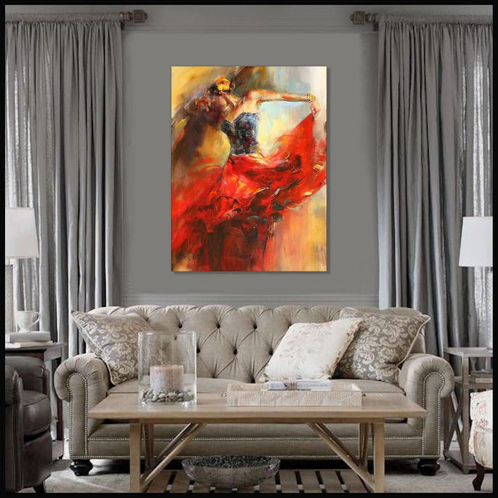 Dancing Lady Oil Paintings on Canvas Framed Wall Artwork for Living Room Bedroom Home Decorations Wall Decor Red Girl Dancer Artwork Ready to Hang (Dancing Lady A, 16" L X 12" W)