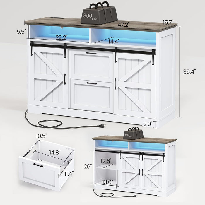 47.2" File Cabinet, 2 Drawers Filing Cabinets for Home Office Fit Legal/Letter/A4 File, Farmhouse File Cabinet with Barn Door & Power Outlet, Printer Stand with Storage & LED Light, White+Grey