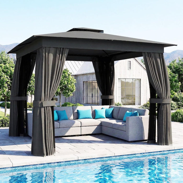 10' X 10' Outdoor Patio Gazebo, Heavy Duty Gazebo Canopy Shelter with Double Roof, Curtains, Netting, Steel Frame, UPF30+ Protection, Ceiling Hook for Lawn, Backyard, Deck, Dark Gray