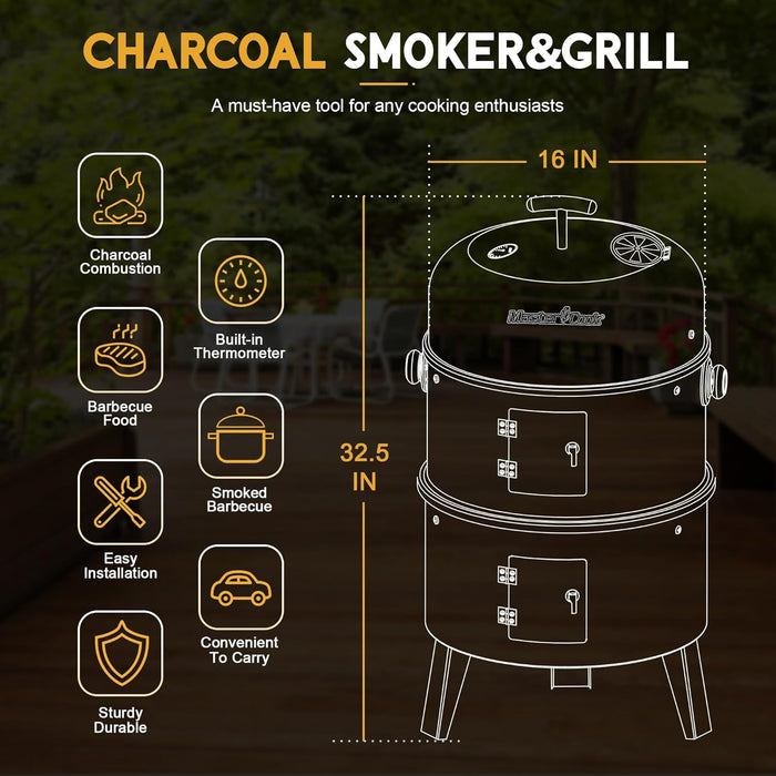 16 Inch Charcoal Smoker, Vertical BBQ Grill, Heavy Duty 4 in 1 Fire Pit with Built-In Thermometer & Adjustable Vent System for Backyard Patio Camping
