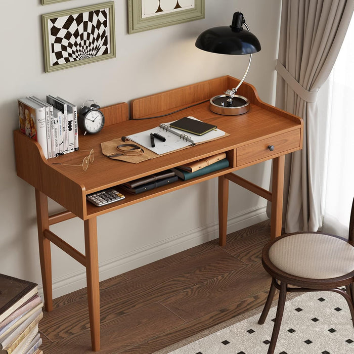Vintage-Style Desk with Scandinavian Flair, Computer or Laptop Desk, Writing Desk with Drawer and Open Storage Cubby, Small Space Dressing Table