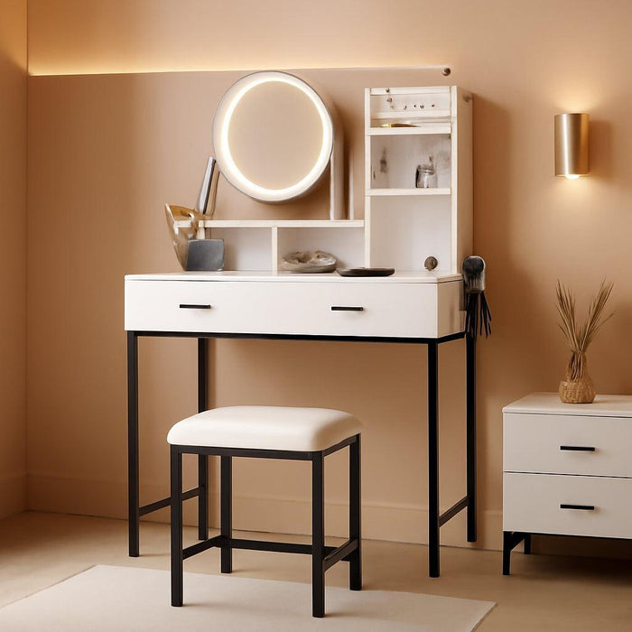 Vanity Desk with Rotating Mirror & Adjustable Light, Makeup Dressing Table with Power Outlet, 2 Drawers & Shelves, Includes Stool for Bedroom, White & Black