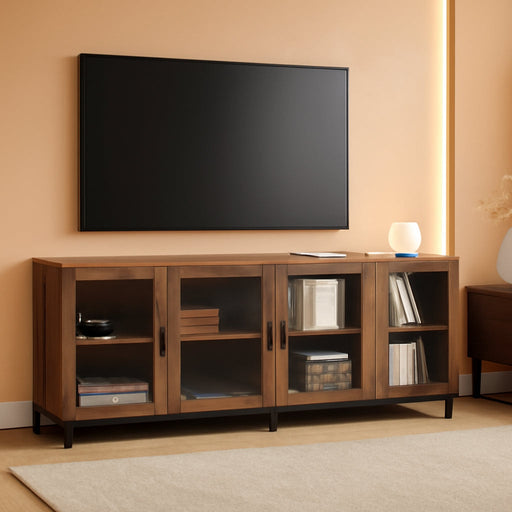 63 Inch TV Stand with Glass Doors for 32-70 Inch Tvs, Modern Entertainment Center TV Console with Adjustable Shelves for Living Room, Bedroom, Brown