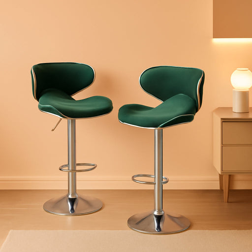 Masaccio Velvet Upholstered Adjustable Swivel Barstool, Set of 2, Green