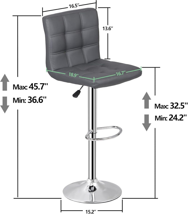 Set of 4 Adjustable Swivel Barstools, Modern PU Leather Kitchen Counter Bar Stools, Square Back Bar Stool (Grey)