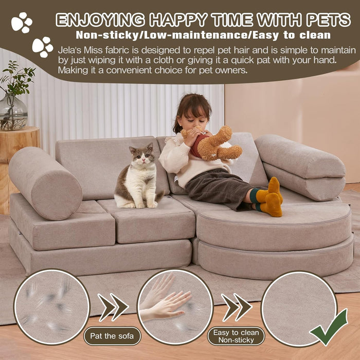 Kids Couch 14PCS Luxury, Floor Furniture for Adults, Playhouse Play Set for Toddlers Babies, Foam Modular Sectional Sofa (Taupe, 57''X28''X18'')