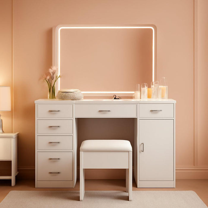 Vanity with Chair and Mirror and 7 Drawers Storage, White Makeup Vanity Desk with Lights, Vanitys Set with 3 Light Mode and Brightness Adjusted, Make up Table with Hairdryer Holder for Bedroom