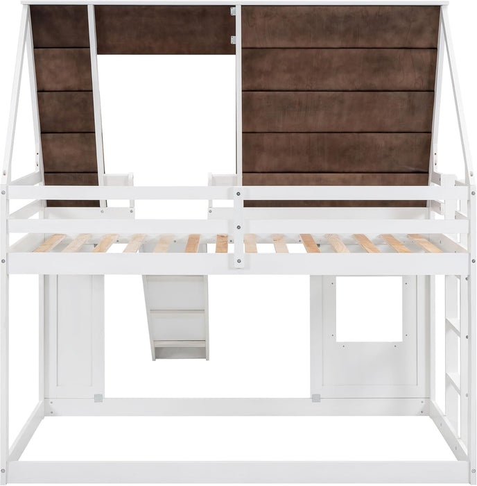 Twin over Twin House Bunk Bed Frame with Roof,Window,Ladder and Slide for Boys Girls, White & Brown