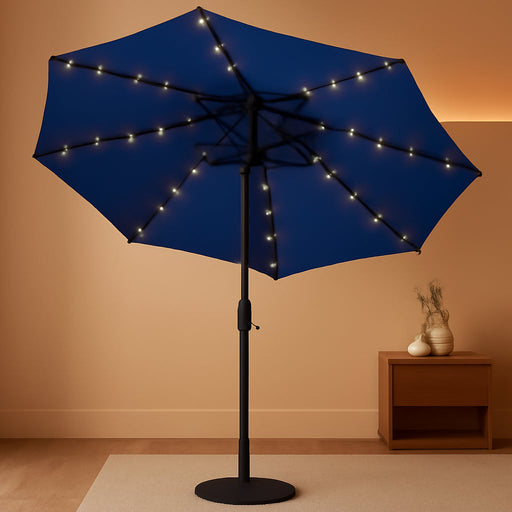 9 Ft Solar Umbrella 32 LED Lighted Patio Umbrella Table Market Umbrella with Tilt and Crank Outdoor Umbrella for Garden, Deck, Backyard, Pool and Beach (Navy Blue)