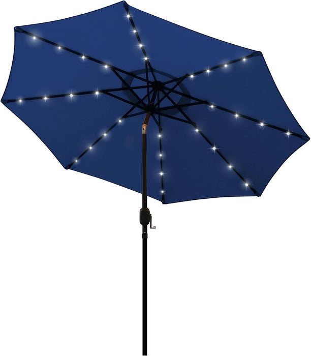 9 Ft Solar Umbrella 32 LED Lighted Patio Umbrella Table Market Umbrella with Tilt and Crank Outdoor Umbrella for Garden, Deck, Backyard, Pool and Beach (Navy Blue)