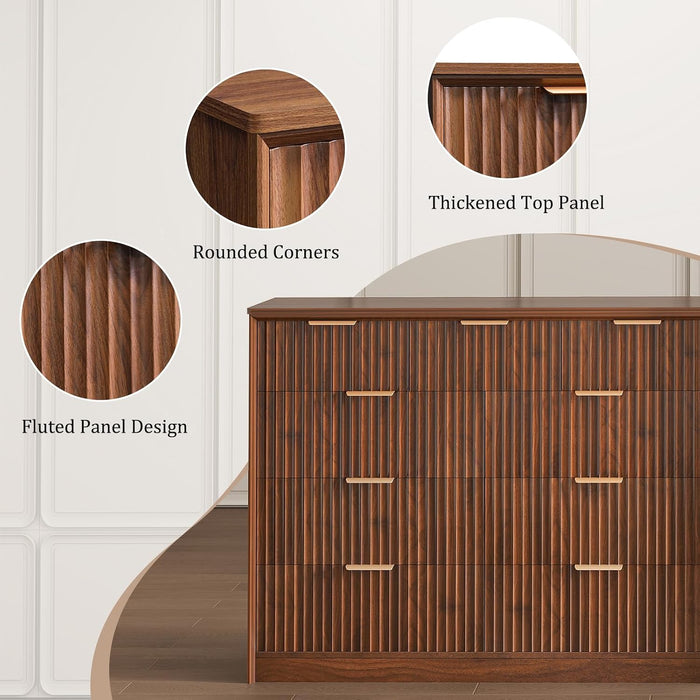 Fluted Tall Dresser for Bedroom, 9 Drawer Chest of Drawers,Walnut