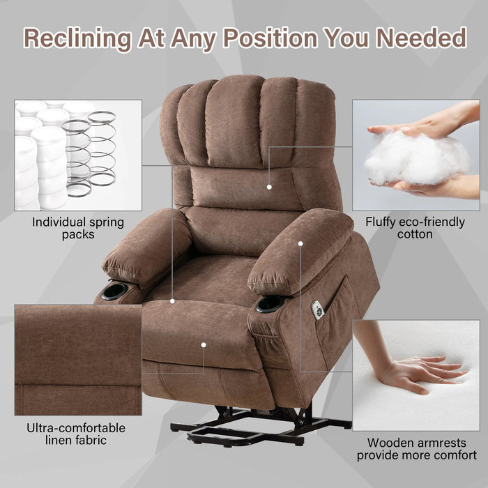 Power Lift Recliner Chair for Elderly, Electric Recliners with Heat and Massage, USB Charge Port, Cup Holders, Infinite Position and Side Pockets, Fabric Single Sofa for Living Room, Brown