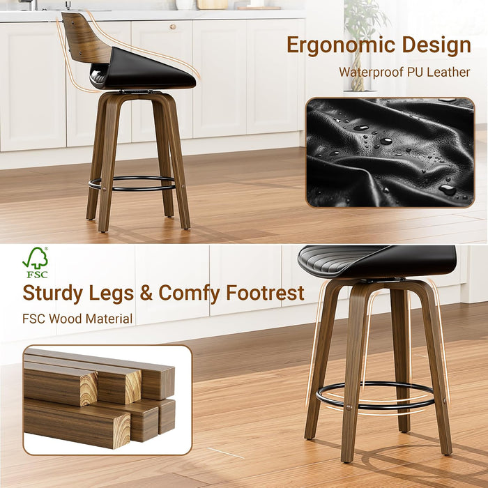 Bar Stools Set of 2, 26" Bentwood Counter Height Barstools, Black | Swivel, Mid Century Modern, Bentwood Back and Footrest, Padded Seat, Upholstered Faux Leather Bar Chair, for Kitchen Island