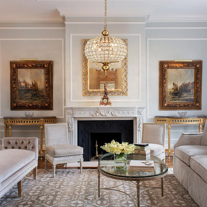 Gold Crystal Chandelier, 16.5" Modern 4-Light round Crystal Pendant Light Antique Globe Foyer Chandelier for Dining Room Living Room