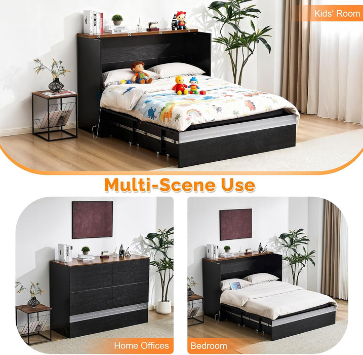 Queen Murphy Bed With Black IntegratedChargingStations LedLighting