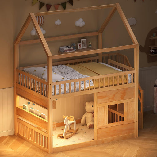 Full Size Natural Wooden House Bed With LED Lights