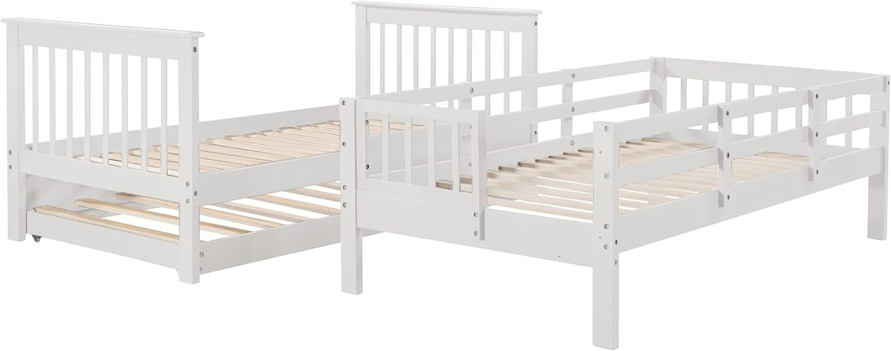Twin over Twin Bunk Bed with Stairs and Trundle, Solid Wood Stairway Bunk Bed Frame with Storage, for Kids Teens Adults – White