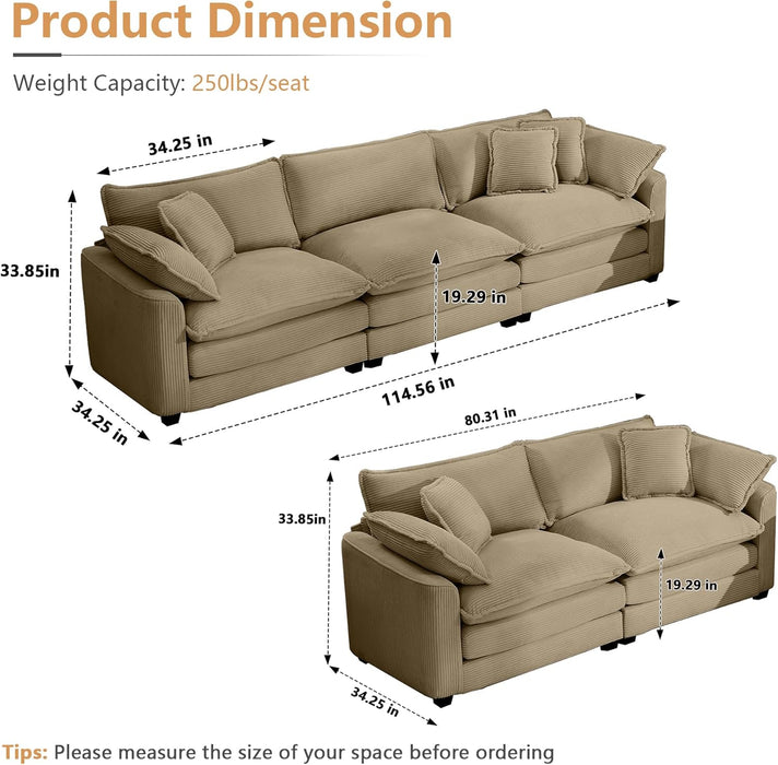 Luxury 3 Piece Sofa Set, 3-Seater & 2 Loveseat Couch Set, Modern Corduroy Comfy Cloud Couches Set for Living Room Office with 6 Armrest Pillows and 7 Toss Pillows, Camel