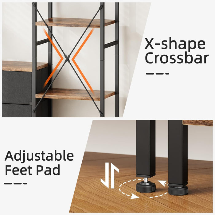 Triple Bookshelf with 3 Fabric Drawers, 4-Tier Book Shelf and 10 Display Shelves, Industrial Large Bookcase for Home & Office, Rustic Brown, 47'' Wide