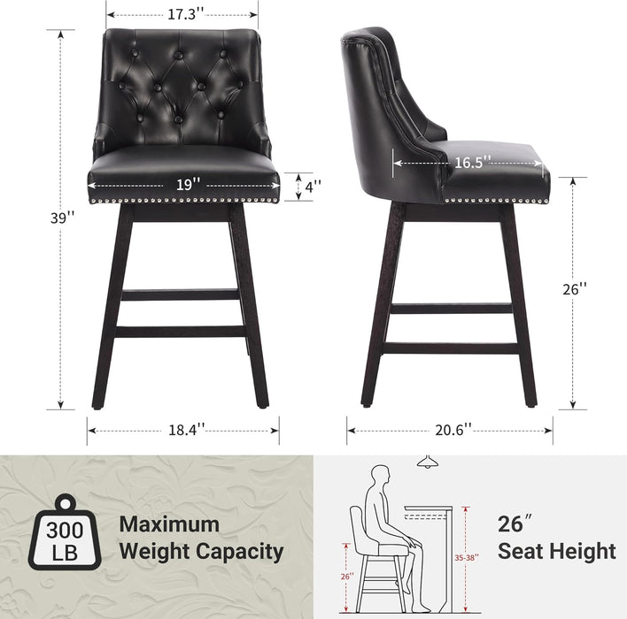 Swivel Bar Stools Counter Height, 26" Faux Leather Upholstered Swivel Counter Stools with Back Set of 3, Modern Kitchen Island Stools with Solid Wood Legs, Black