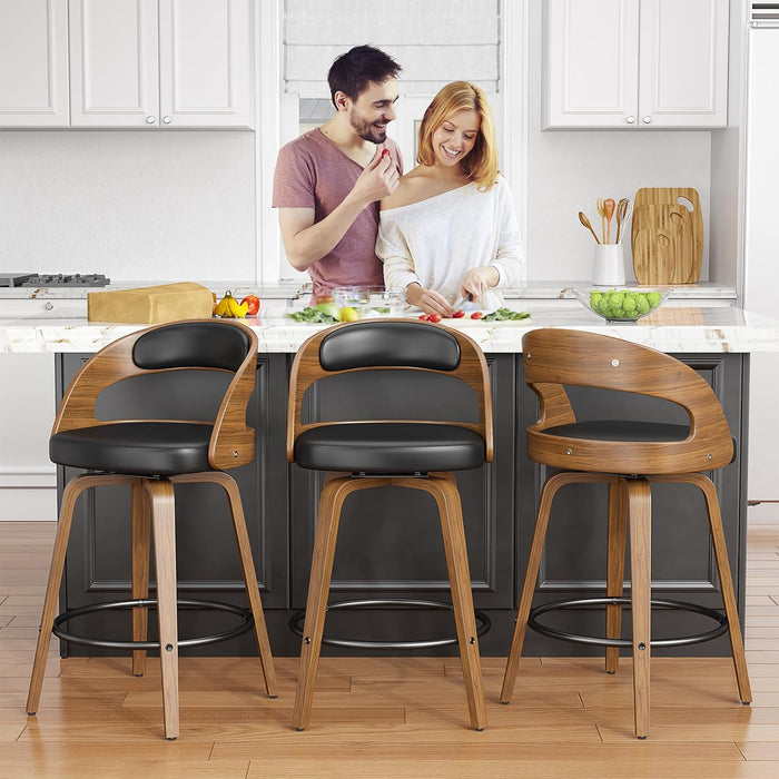 Swivel Bar Stools Set of 2, 26" Counter Height Bentwood Barstool | Mid-Century Modern PU Leather Upholstered Bar Chair with Back and Footrest, for Kitchen Island, Bar, Dining Room, Cafe, Black
