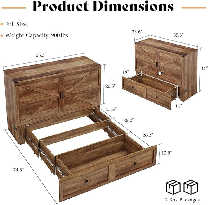 Full Murphy Bed Cabinet with Charging Station and Storage, Farmhouse Foldable Platform Bed for Guest Room, Office, Small Spaces, Barnwood