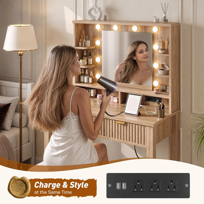 Vanity Desk with Mirror and Lights, Storage Stool Included, Oak | 3 Adjustable Lighting Modes, Charging Station for Vanity