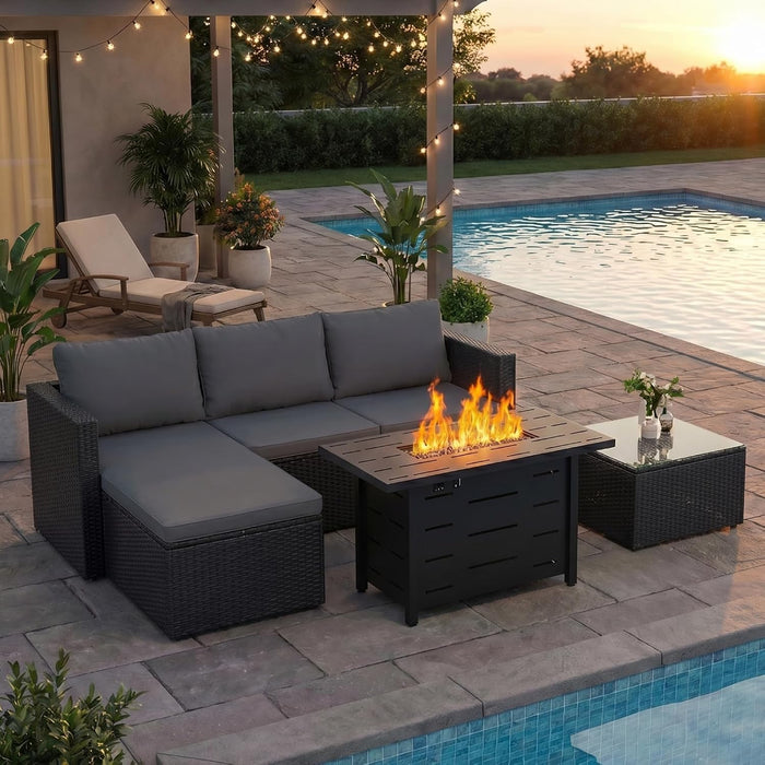 4-Piece PE Wicker Patio Set with 43" Propane Fire Pit Table, Grey