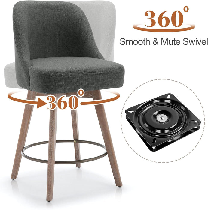 Counter Height Bar Stools Set of 4, Modern Mid-Century Swivel Barstools with Backs and Wood Legs, Linen Fabric Upholstered Bar Chairs, 26" Seat Height Counter Stools for Kitchen Island, Gray