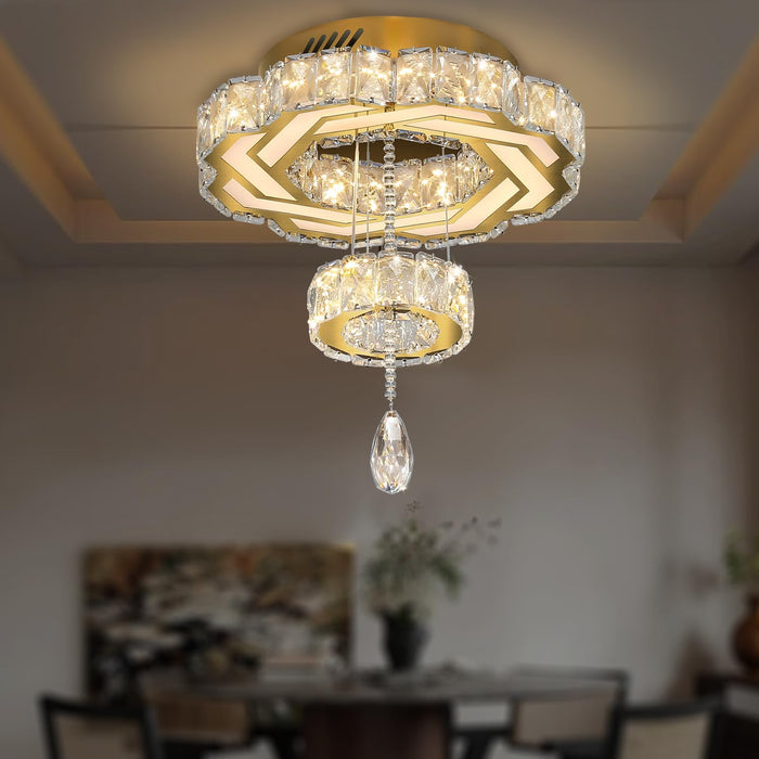 Small Crystal Chandeliers Dia 12" Gold Chandelier Flush Mount Ceiling Light for Bedroom Living Room Dining Room Hallway Dimmable 3 Rings LED Celing Lighting Fixtures