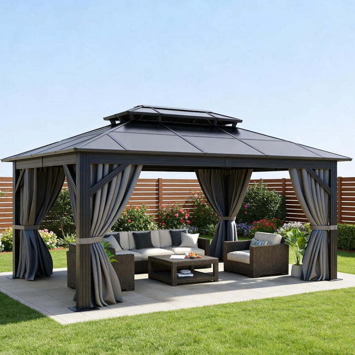 10X12Ft Gazebo Hardtop Double Roof Polycarbonate Canopy Outdoor with Netting and Shaded Curtains, Metal Frame Garden Tent for Patio, Backyard, Deck and Lawns, Gray