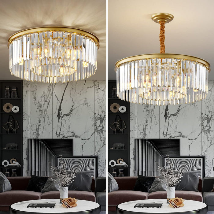 Gold Modern Crystal Chandelier, 2-Tier round Flush Mount Ceiling Light Fixtures Height Adjustable Pendant Lighting for Dining Room Living Room Bedroom Kitchen Hotel Foyer
