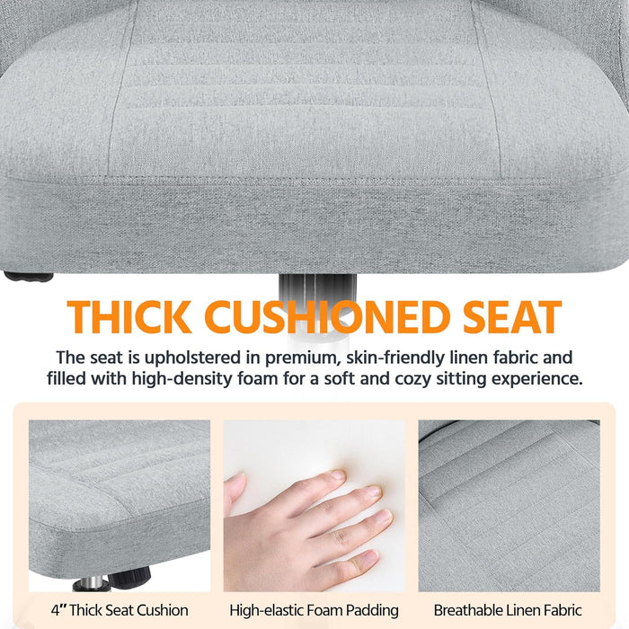 Home Office Desk Chairs, Modern Armless Vanity Chair, Mid Back Desk Chair, Linen Fabric Computer Task Chair with Rolling Wheels, Metal Base