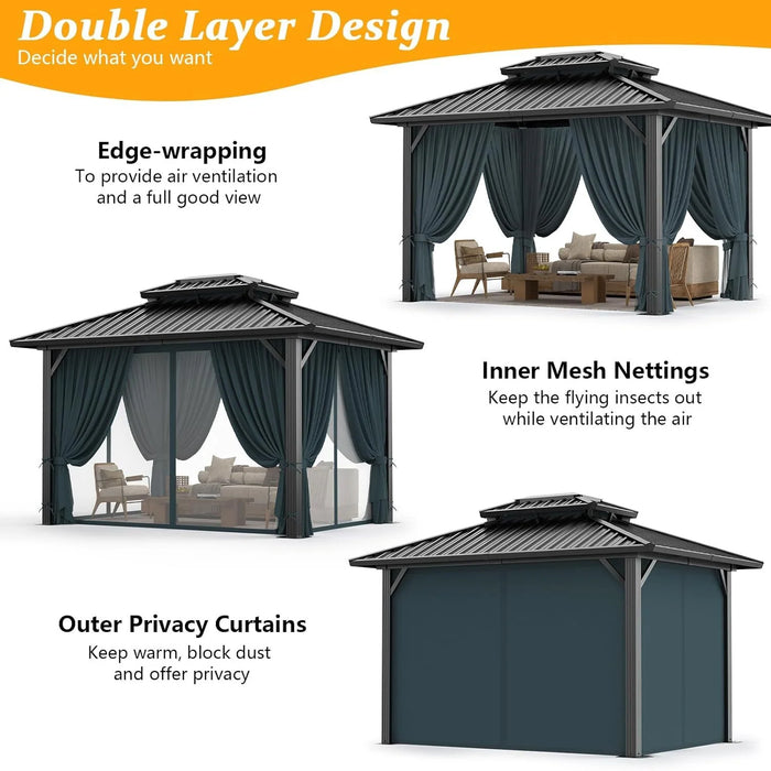 Hoteel 10X12 Hardtop Gazebo with Heavy Duty Galvanized Steel Double Roof, Flame-Resistant Curtains and Netting, Outdoor Gazebo with Aluminum Frame Permanent Gazebo for Backyard, Patio and Lawn,Black