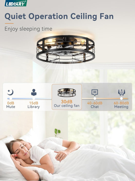 20" Caged Ceiling Fan with Light and Remote, Low Profile Flush Mount Fandelier, Black Bladeless Enclosed Small Fan Lights Ceiling Fixtures, Rustic Farmhouse Style for Bedroom, Outdoor