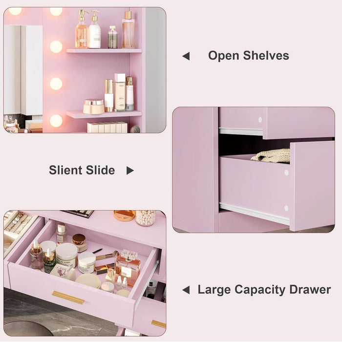 61" Make up Vanity Desk with Mirror and Lights, Pink Vanity with 8 Wide Storage Drawers & 2 Tier Shelves, 3 Lighting Modes with Adjustable Brightness for Bedroom