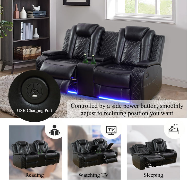 Leather Power Recliner Sofa Set with LED, Living Room Furniture Set, Leather Sofa Set with USB Port Storage Console Cup Holder (Power Reclining Sofa Set, Black)