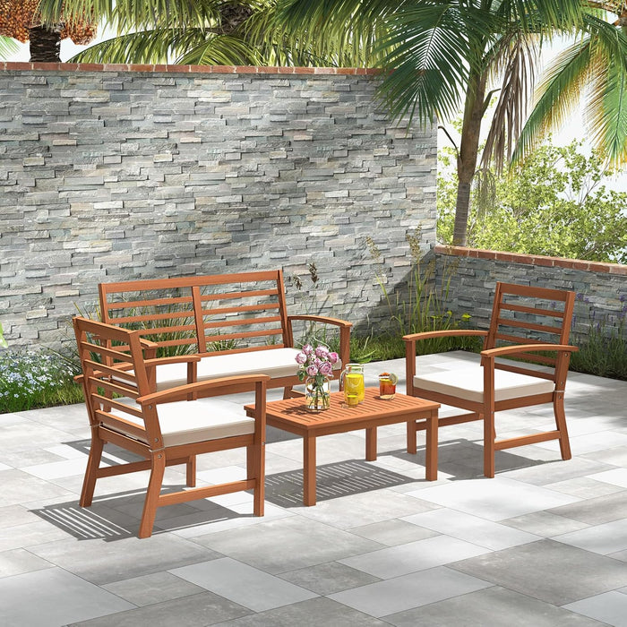 4 Pieces Outdoor Furniture Set, Acacia Wood Conversation Set W/Soft Seat Cushions, Stable Acacia Wood Frame, Patio Sofa & Coffee Table Set for Backyard, Porch, Poolside (White)