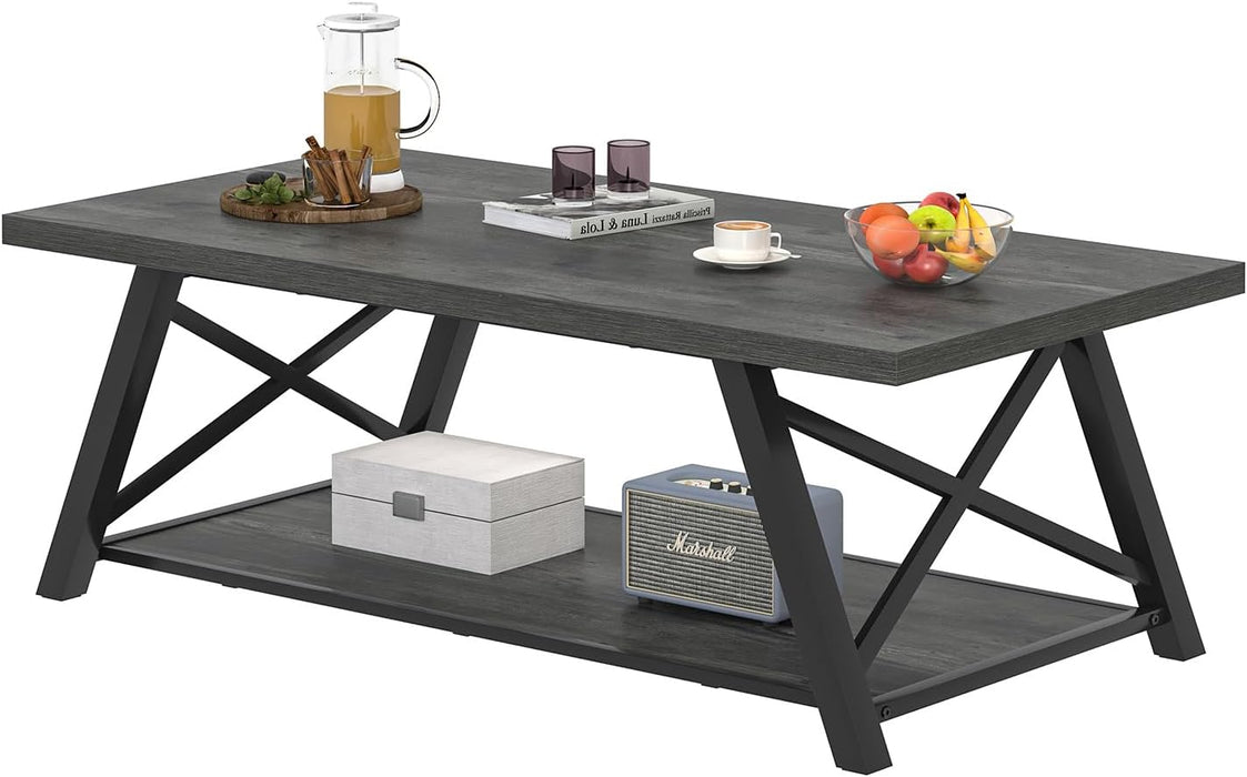 Coffee Table, Industrial Wood and Metal Center Table for Living Room, Rectangle Cocktail Tea Table with Storage Shelf, Rustic Grey, 47 Inch