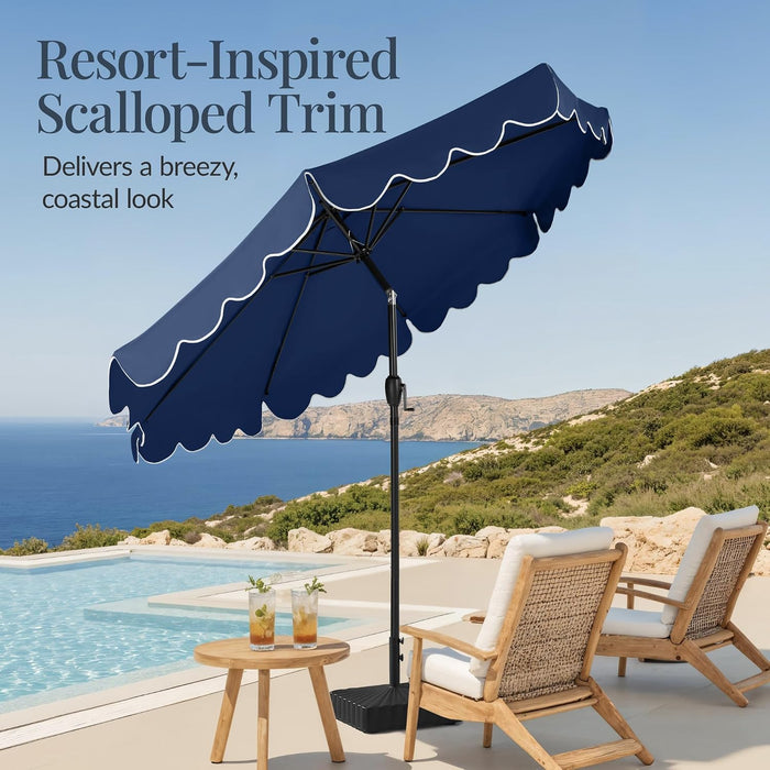 9Ft Patio Market Umbrella with Scallop Trim, Uv-Fade-Resistant 210G Canopy, Crank & Tilt, Wind Vent, Heavy-Duty Frame - Navy