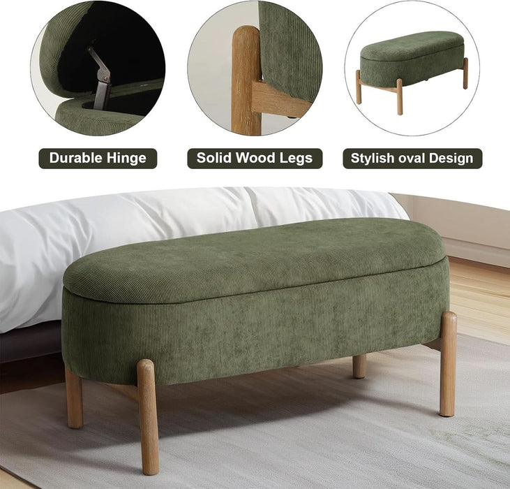 Storage Bench Ottoman, Upholstered Corduroy Storage Bench for Bedroom End of Bed, Modern Aesthetic Furniture, Large Oval Ottoman Bench for Foot of Bed, Living Room, Entryway, under Window (Green)