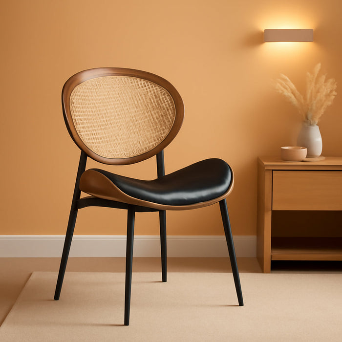 Dining Chairs Rattan Backrest Set of 2, Modern Leather Side Chairs with Metal Legs, Comfy for Living Room/Kitchen, Black