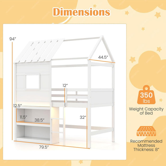 Twin Size Loft Bed with LED Lights, House Bed with Roof, Window & Storage Bookshelf, Solid Wood Bed Frame with Ladder, Safety Guardrails, Under-Bed Play Space, for Kids Boys Girls, White