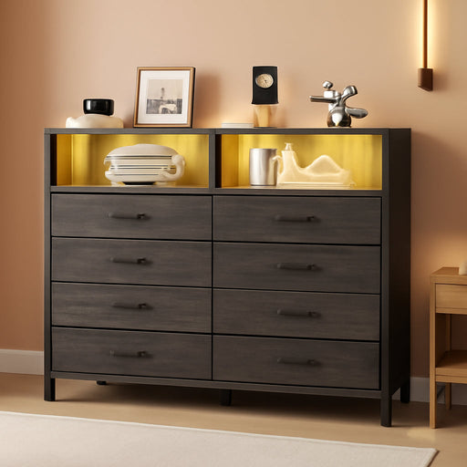 Dresser for Bedroom Grey Bedroom Dresser with LED Lights and Charging Station, 8 Long Fabric Drawers Dresser, Tall Wide Chest of Drawers Storage Organizer TV Stand for up to 60" TV for Living Room