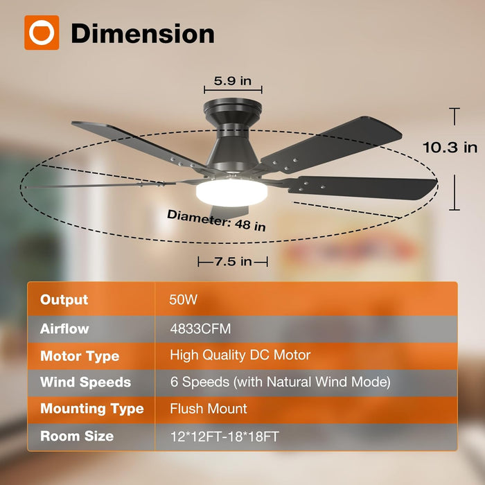 2 Pack Ceiling Fans with Lights, 48 Inch Black Ceiling Fan with Light and Remote Control, Reversible, 3CCT, Dimmable, Noiseless, Ceiling Fan for Bedroom, Farmhouse, Indoor/Outdoor Use