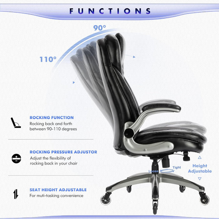 Executive Office Chair-Ergonomic Computer Desk Chair, High Back Leather Chair with Padded Flip-Up Arms, Swivel Home Office Chair Upgraded Caster-Black