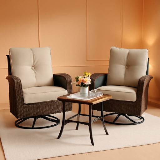 2 Luxury Outdoor Swivel Wicker Glider Patio Chairs with Table Set, Overstuffed Washable Cushions, Ideal for Porch, Balcony, Deck, Brown Rattan and Beige Cushions