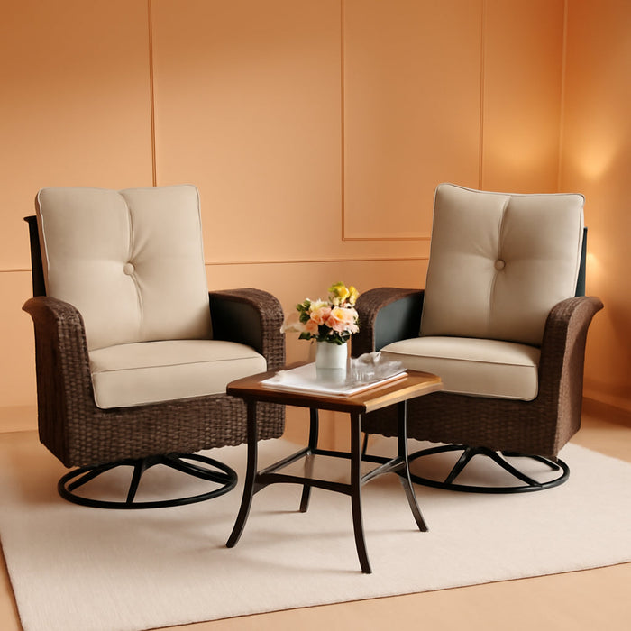 2 Luxury Outdoor Swivel Wicker Glider Patio Chairs with Table Set, Overstuffed Washable Cushions, Ideal for Porch, Balcony, Deck, Brown Rattan and Beige Cushions