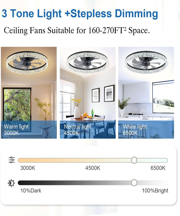 Ceiling Fans with Lights and Remote, 20"Low Profile Ceiling Fan with Light, 3000-6500K Smart Bladeless LED Fan Light, Ceiling Fans with Light for Stepless Color Temperature Change and 6 Speeds - Black